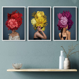 Bouquet Woman Set of 3 Piece Framed Canvas Prints Wall Art Decor