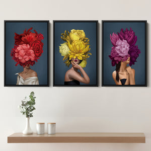 Bouquet Woman Set of 3 Piece Framed Canvas Prints Wall Art Decor