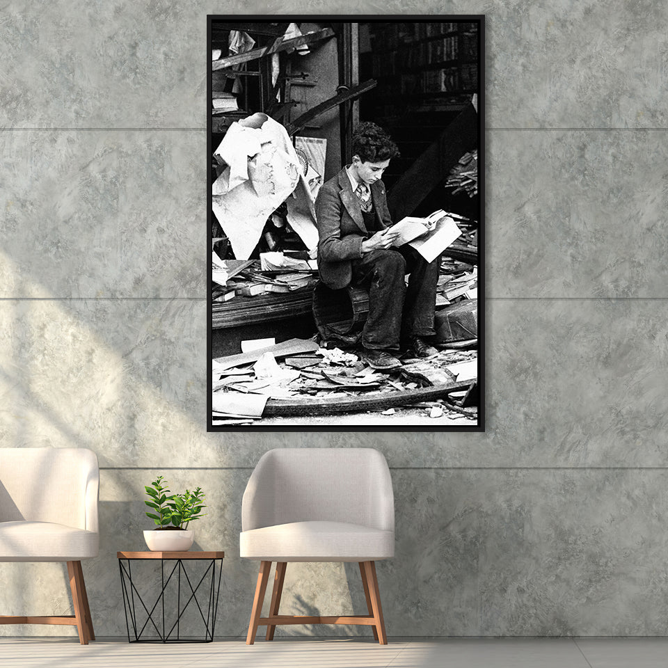 Boy Reading In Bookshop Rubble Black And White Print Framed Canvas Prints Wall Art Home Decor, Floating Frame