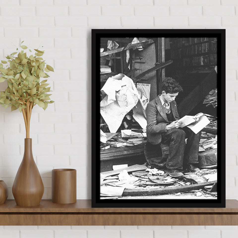 Boy Reading In Bookshop Rubble Black And White Print Framed Canvas Prints Wall Art Home Decor, Floating Frame
