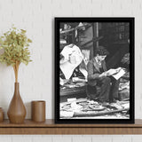 Boy Reading In Bookshop Rubble Black And White Print Framed Canvas Prints Wall Art Home Decor, Floating Frame
