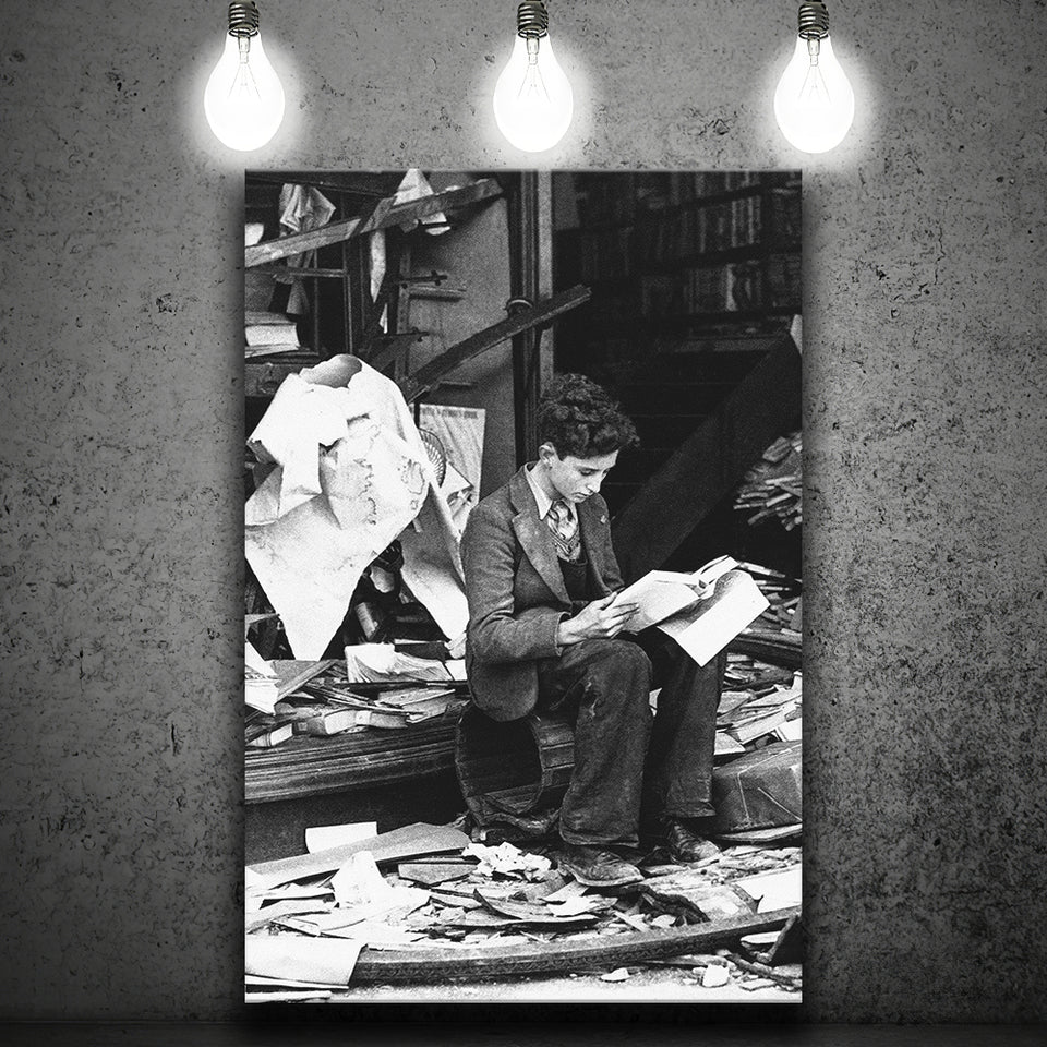 Boy Reading In Bookshop Rubble Black And White Print Canvas Prints Wall Art Home Decor