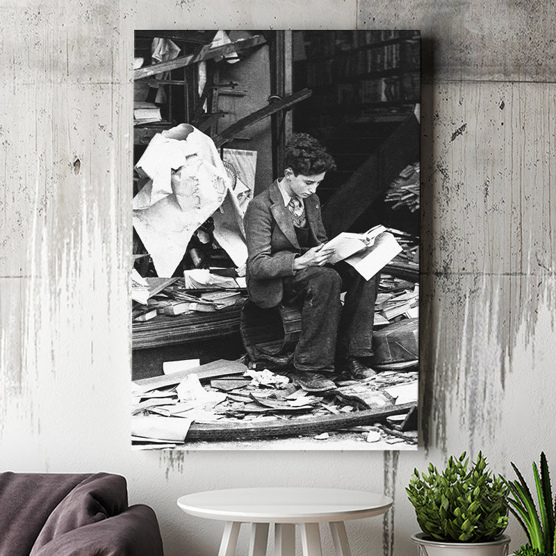 Boy Reading In Bookshop Rubble Black And White Print Canvas Prints Wall Art Home Decor