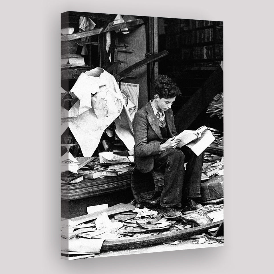 Boy Reading In Bookshop Rubble Black And White Print Canvas Prints Wall Art Home Decor
