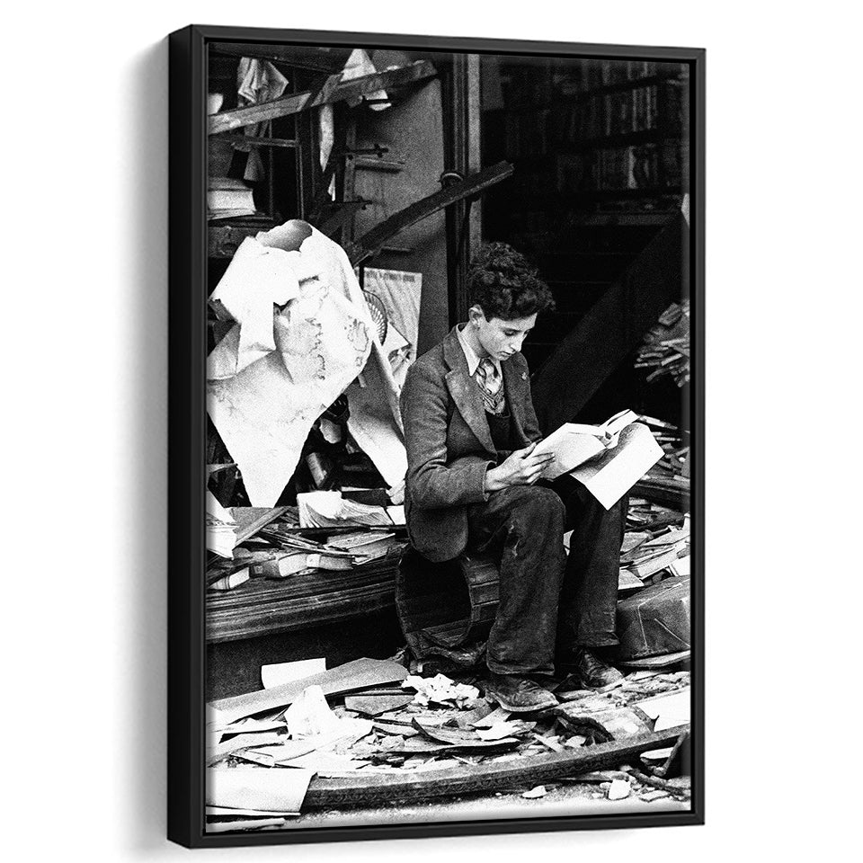 Boy Reading In Bookshop Rubble Black And White Print Framed Canvas Prints Wall Art Home Decor, Floating Frame