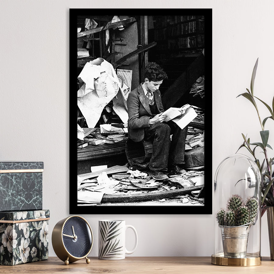 Boy Reading In Bookshop Rubble Black And White Print Framed Art Print Wall Art Decor,Framed Picture