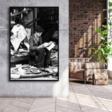 Boy Reading In Bookshop Rubble Black And White Print Framed Canvas Prints Wall Art Home Decor, Floating Frame