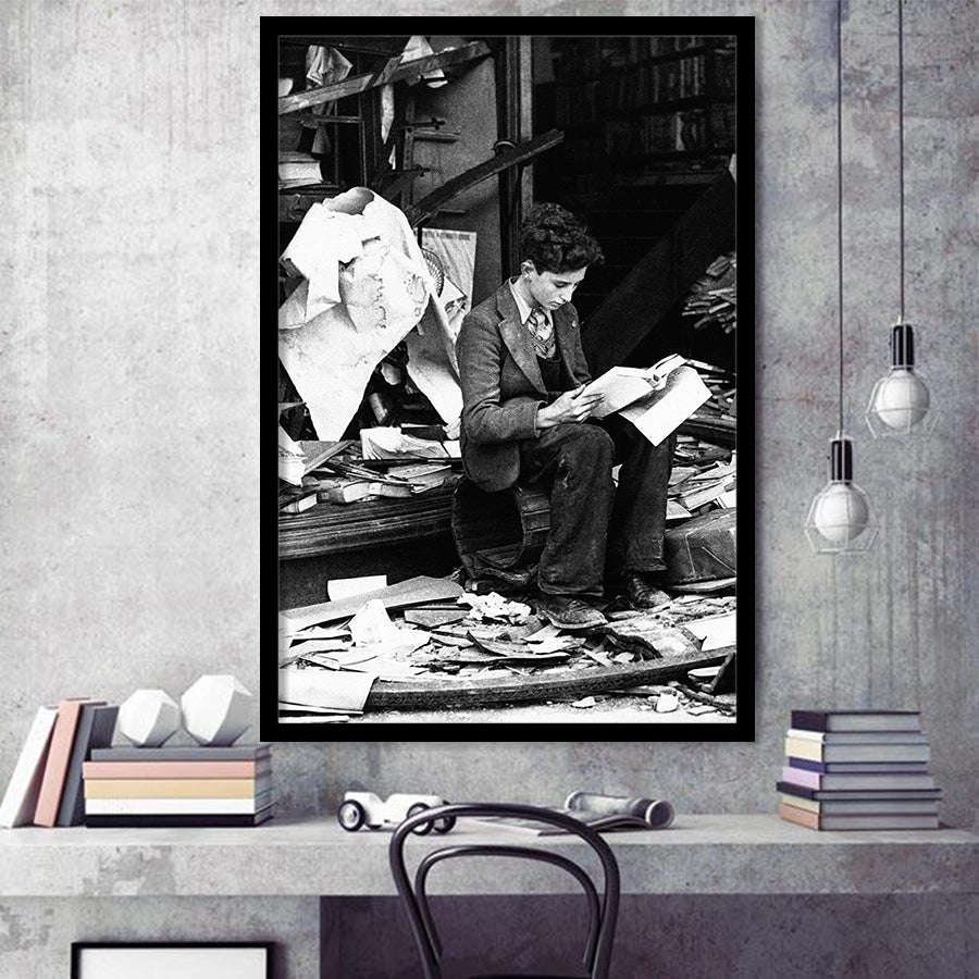 Boy Reading In Bookshop Rubble Black And White Print Framed Art Print Wall Art Decor,Framed Picture