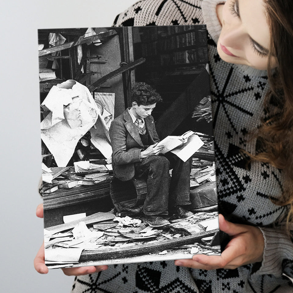Boy Reading In Bookshop Rubble Black And White Print Canvas Prints Wall Art Home Decor