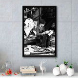 Boy Reading In Bookshop Rubble Black And White Print Framed Canvas Prints Wall Art Home Decor, Floating Frame