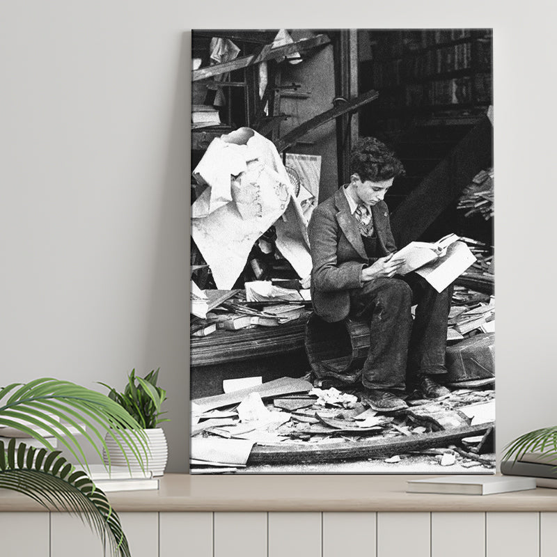 Boy Reading In Bookshop Rubble Black And White Print Canvas Prints Wall Art Home Decor