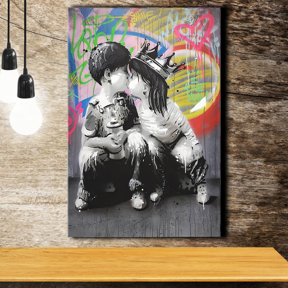 Boy Girl Kissing Graffiti Canvas Prints Wall Art - Painting Canvas, Home Wall Decor, For Sale, Painting Prints
