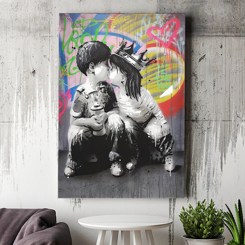 Boy Girl Kissing Graffiti Canvas Prints Wall Art - Painting Canvas, Home Wall Decor, For Sale, Painting Prints