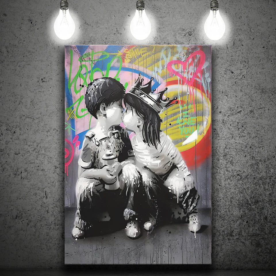 Boy Girl Kissing Graffiti Canvas Prints Wall Art - Painting Canvas, Home Wall Decor, For Sale, Painting Prints