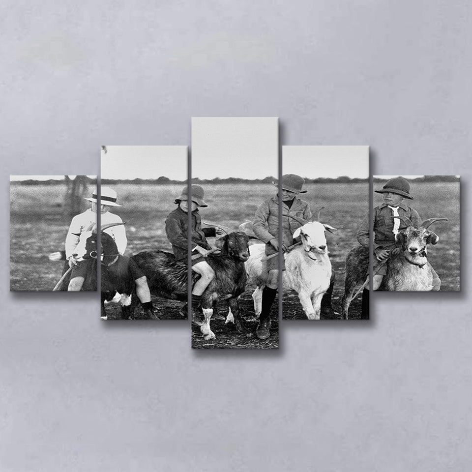 Boys Riding Goats Black And White Print, 5 Panels, Canvas Prints Wall Art Decor, Large Canvas Art