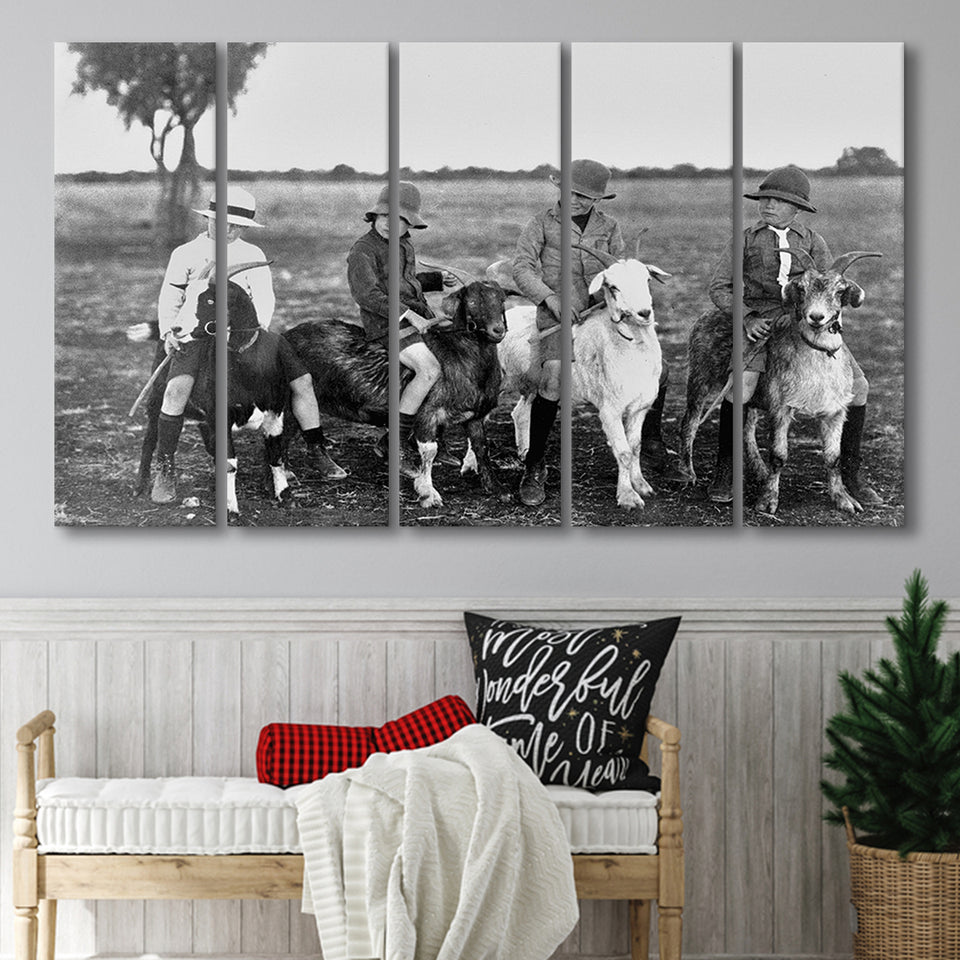 Boys Riding Goats Black And White Print, Larger Canvas Art, 5 Piece Canvas Prints Wall Art Decor