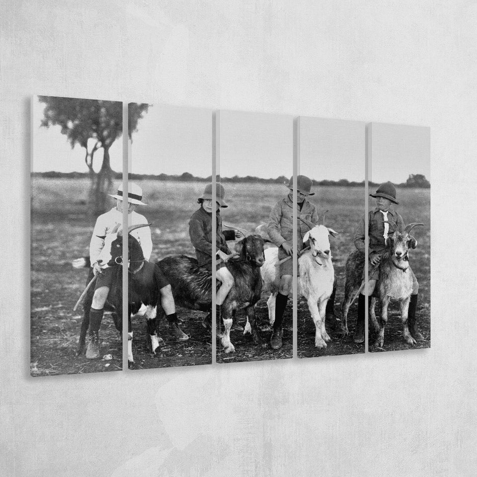 Boys Riding Goats Black And White Print, Larger Canvas Art, 5 Piece Canvas Prints Wall Art Decor
