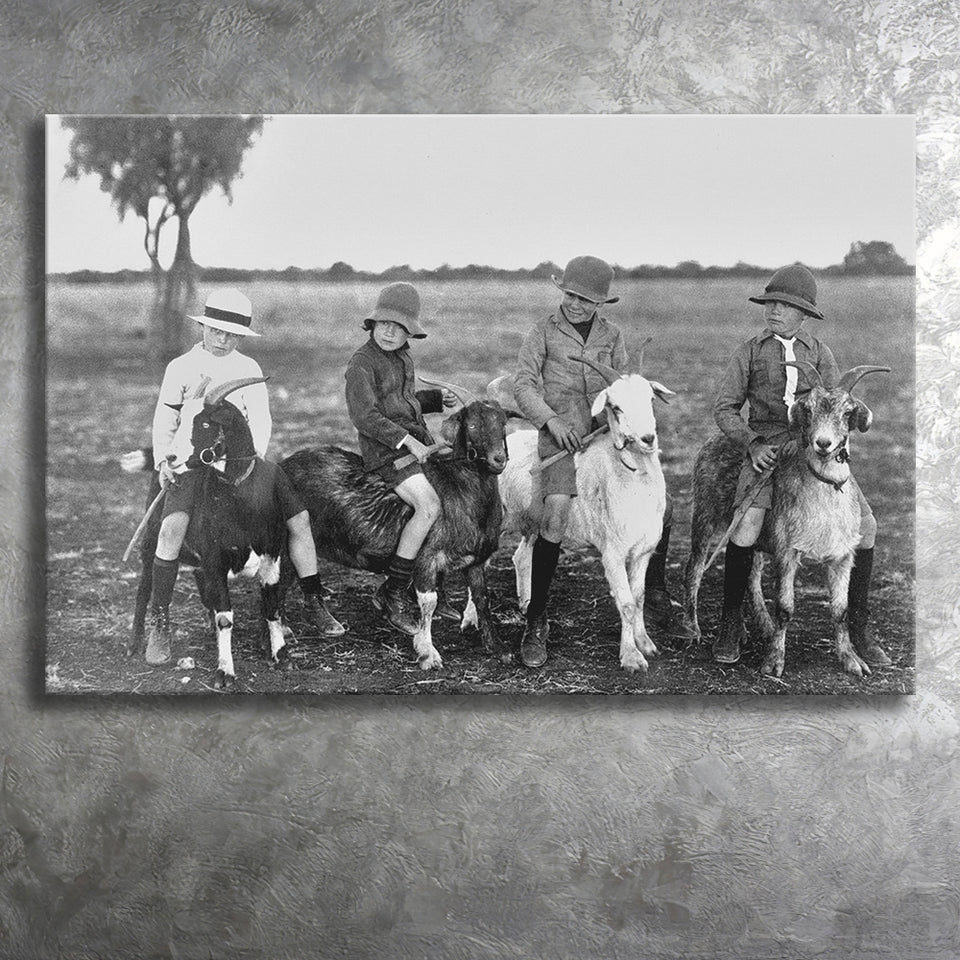 Boys Riding Goats Black And White Print, Canvas Prints Wall Art Home Decor