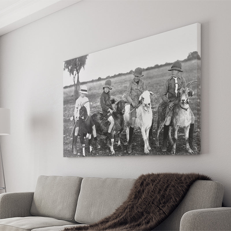 Boys Riding Goats Black And White Print, Canvas Prints Wall Art Home Decor