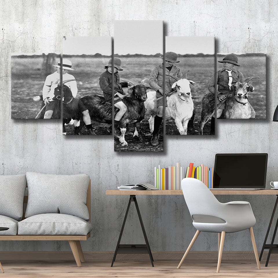 Boys Riding Goats Black And White Print, 5 Panels, Canvas Prints Wall Art Decor, Large Canvas Art