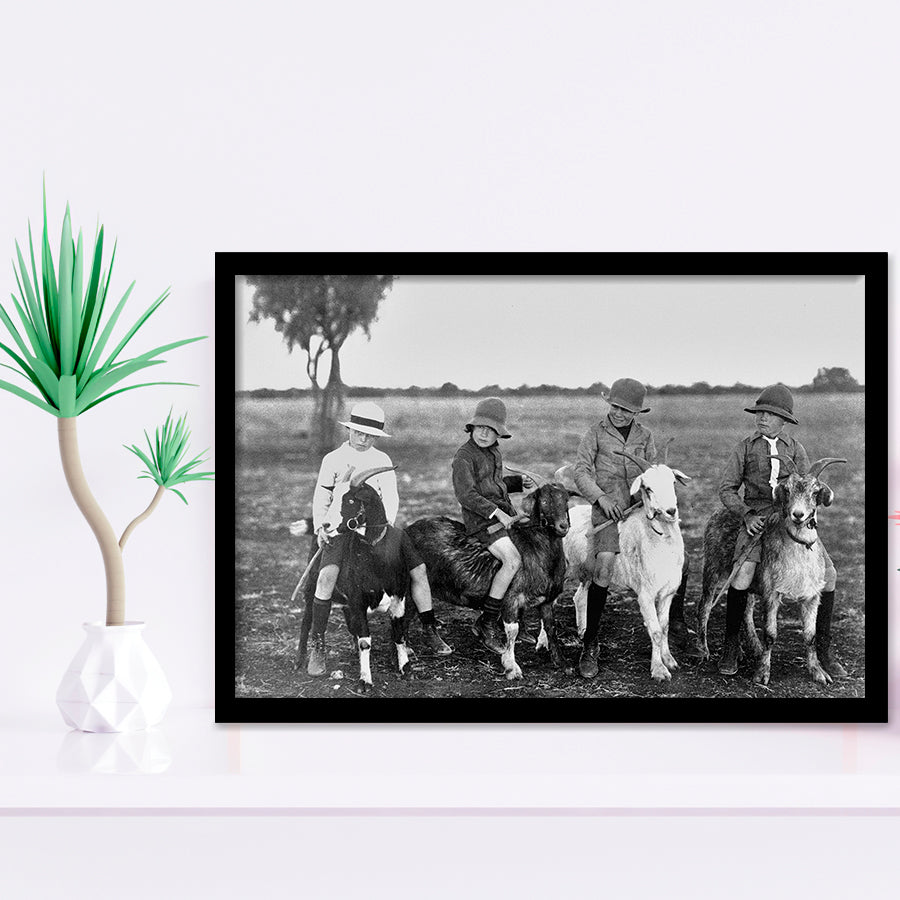 Boys Riding Goats Black And White Print, Framed Art Prints, Wall Art,Home Decor,Framed Picture