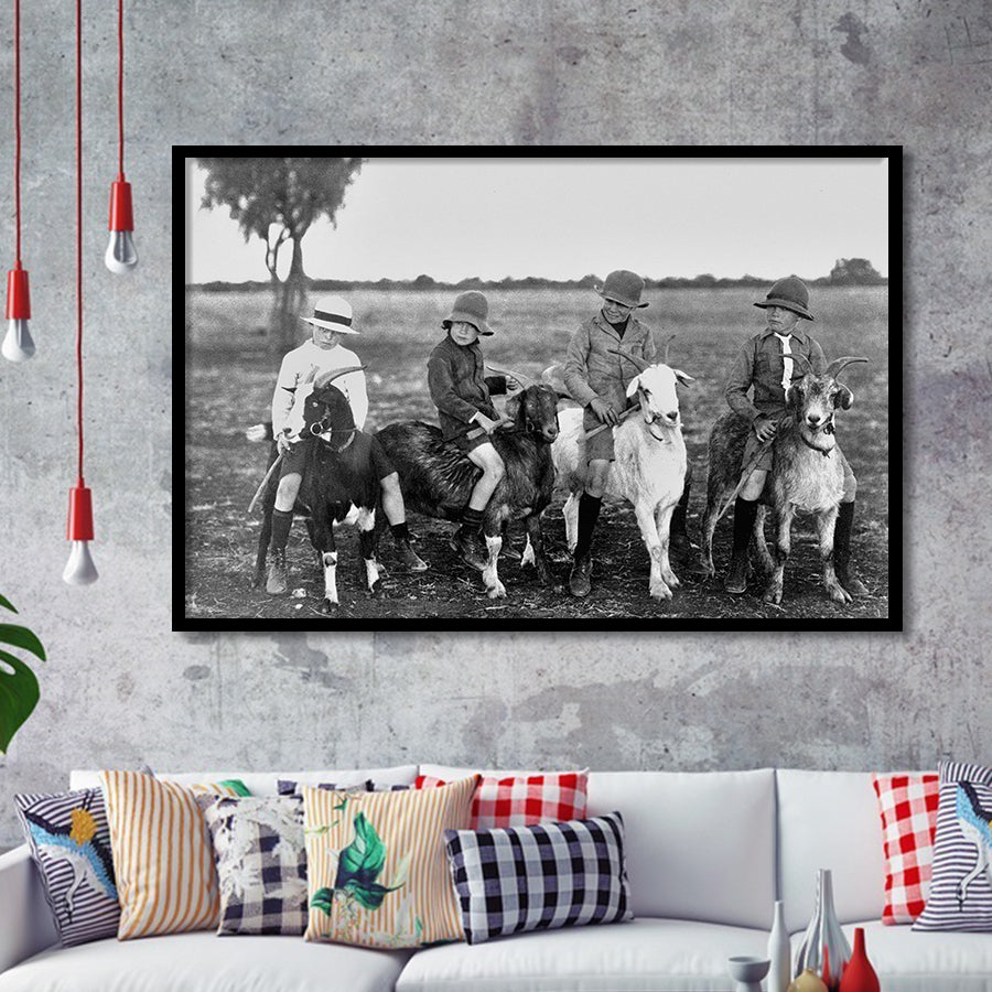 Boys Riding Goats Black And White Print, Framed Art Prints, Wall Art,Home Decor,Framed Picture