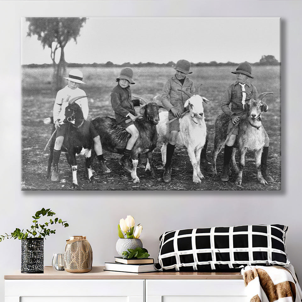 Boys Riding Goats Black And White Print, Canvas Prints Wall Art Home Decor
