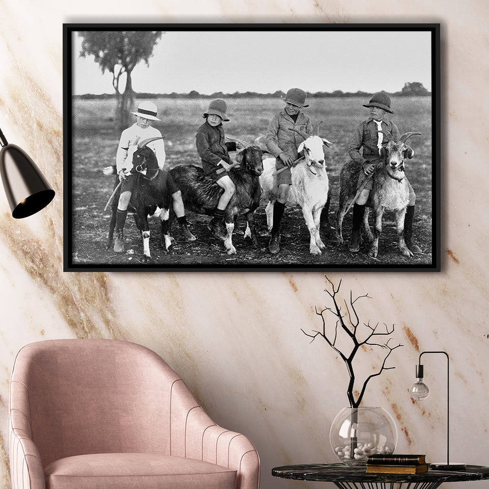 Boys Riding Goats Black And White Print, Framed Canvas Prints Wall Art Home Decor,Floating Frame