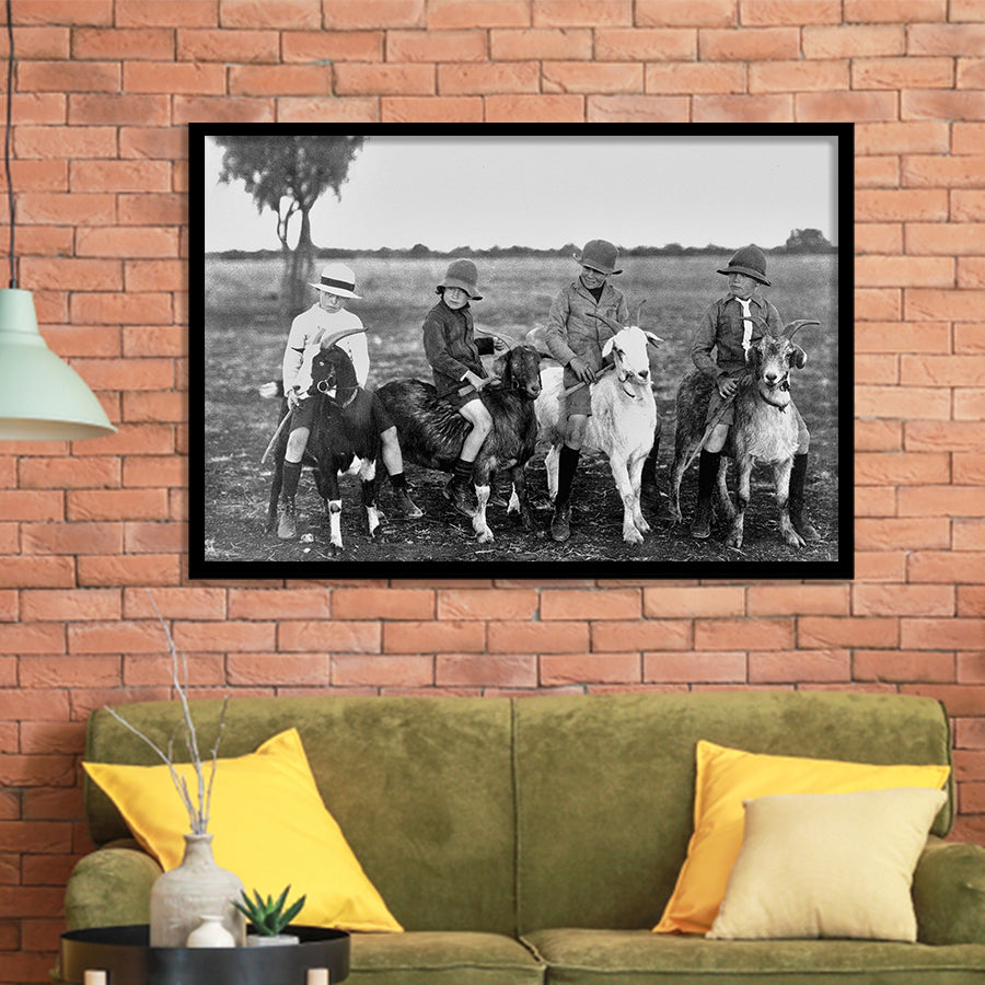 Boys Riding Goats Black And White Print, Framed Art Prints, Wall Art,Home Decor,Framed Picture