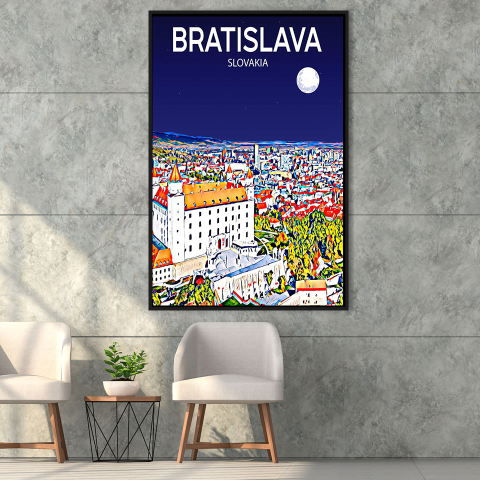 Bratislava Slovakia Art Night Art Print, Large Canvas, Framed Canvas Print Wall Art Home Decor, Floating Frame