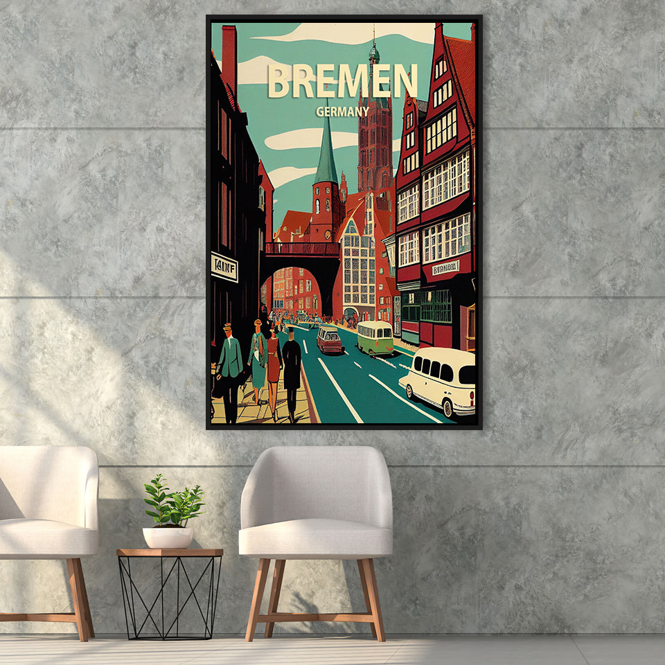 Bremen Retro Art Print, Large Canvas, Framed Canvas Print Wall Art Home Decor, Floating Frame
