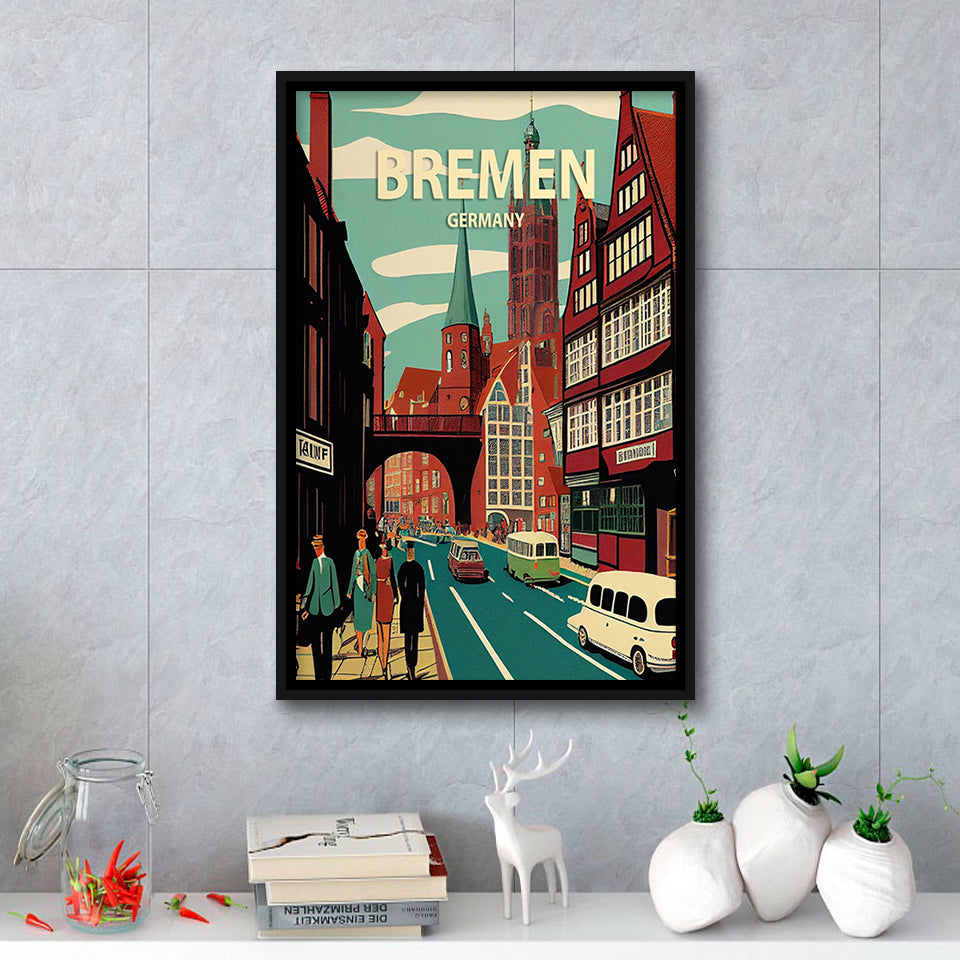Bremen Retro Art Print, Large Canvas, Framed Canvas Print Wall Art Home Decor, Floating Frame