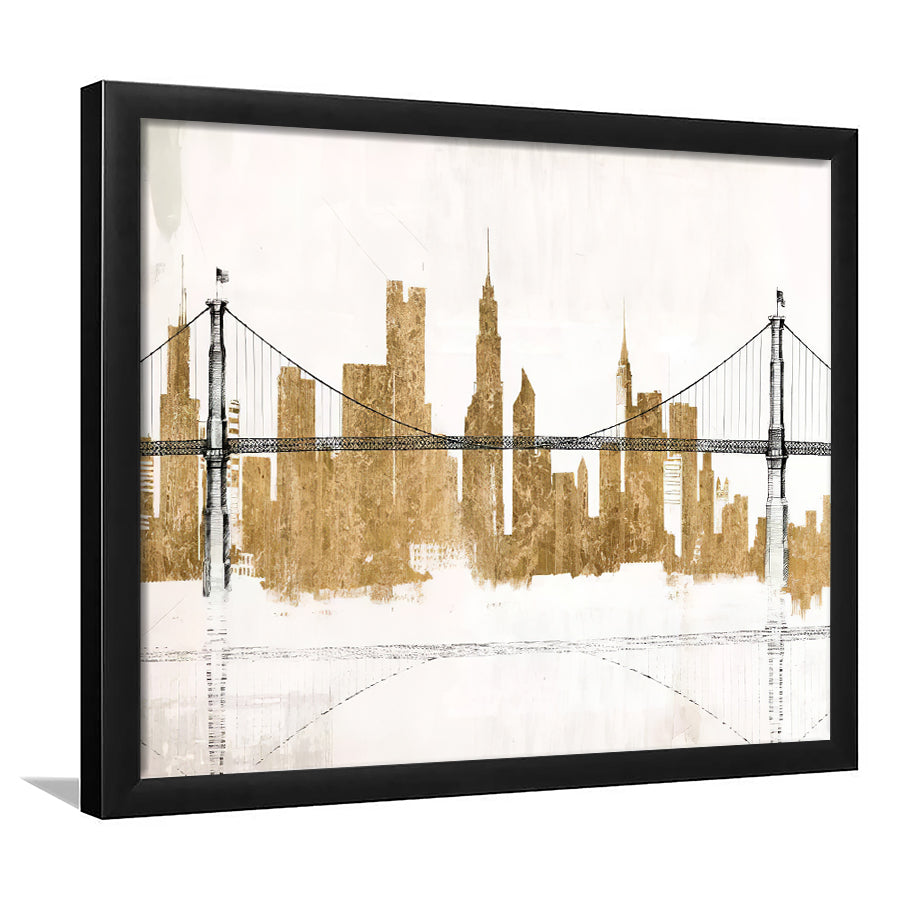 Bridge And Skyline Gold  Framed Wall Art Prints - Framed Prints, Prints for Sale, Framed Art