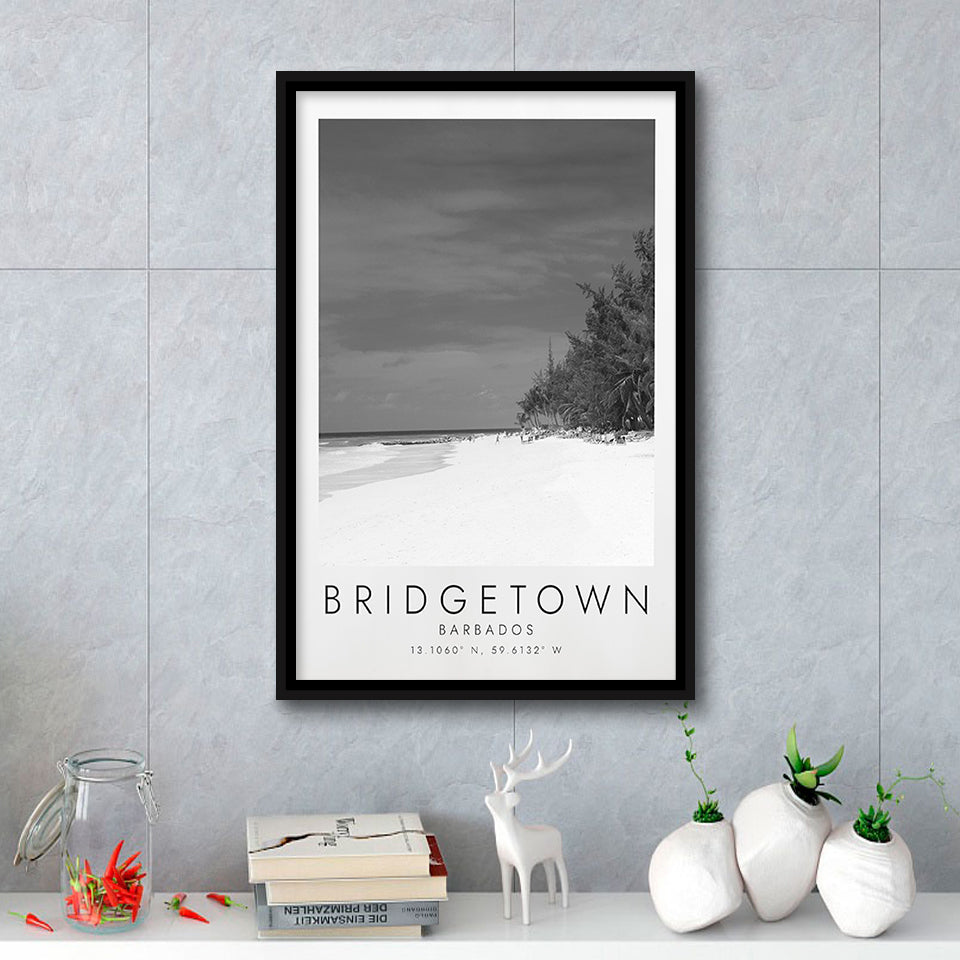 Bridgetown Barbados Black And White Art Framed Canvas Prints Wall Art Home Decor, Floating Frame