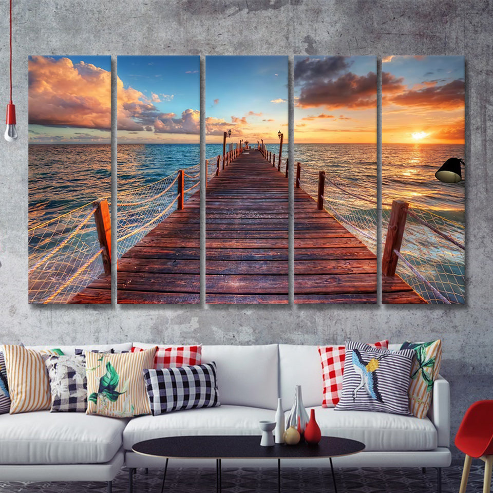 Brilliant Sunrise On A Sea Pier With Azure Waters 5 Pieces Canvas Prints Wall Art - Painting Canvas, Multi Panels, Wall Decor