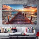Brilliant Sunrise On A Sea Pier With Azure Waters 5 Pieces Canvas Prints Wall Art - Painting Canvas, Multi Panels, Wall Decor