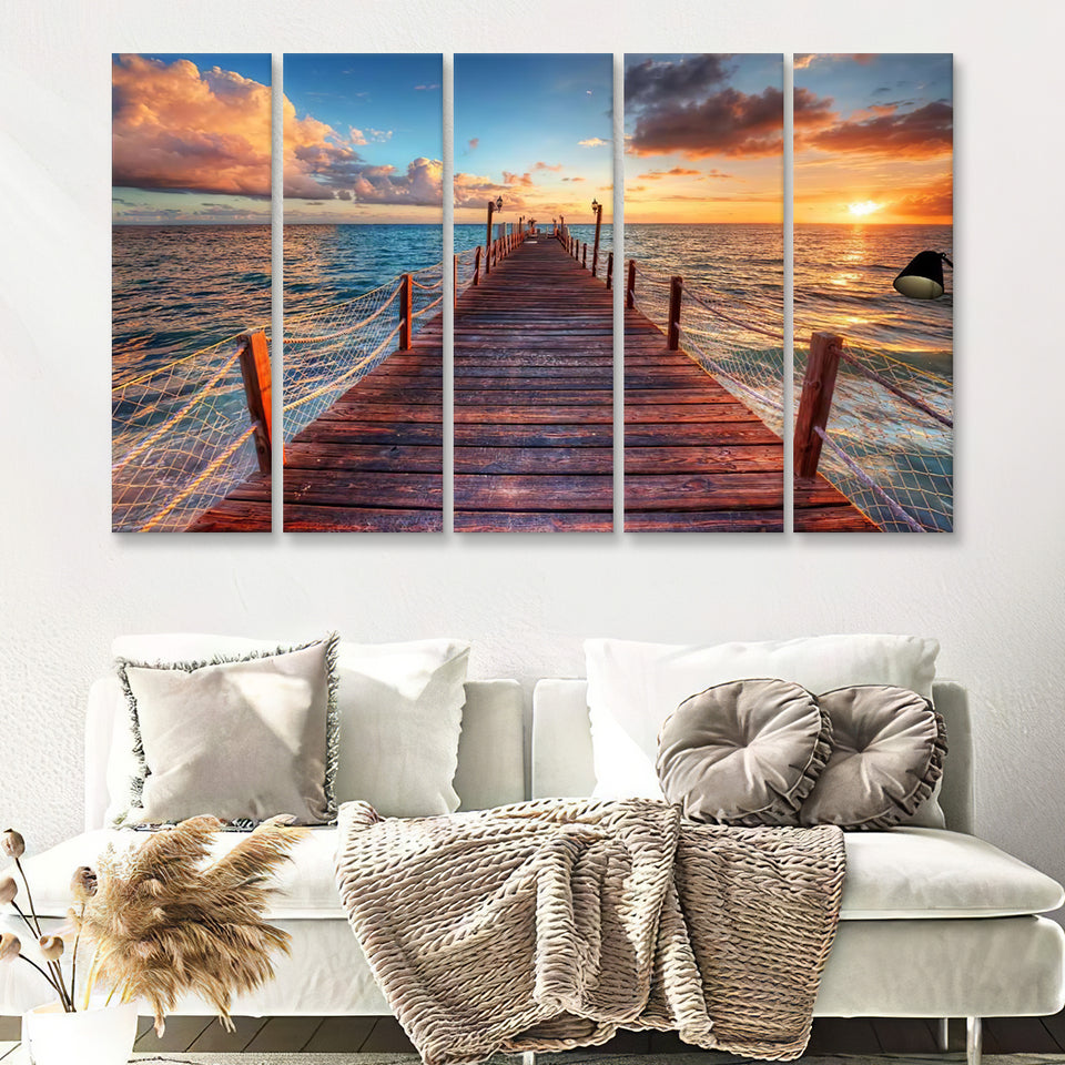 Brilliant Sunrise On A Sea Pier With Azure Waters 5 Pieces Canvas Prints Wall Art - Painting Canvas, Multi Panels, Wall Decor
