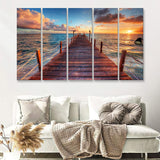 Brilliant Sunrise On A Sea Pier With Azure Waters 5 Pieces Canvas Prints Wall Art - Painting Canvas, Multi Panels, Wall Decor