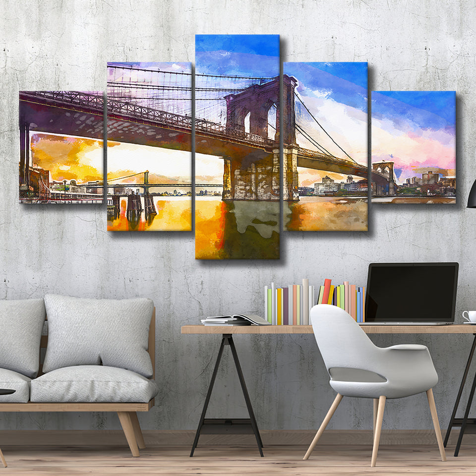 Brooklyn Bridge New York City Dawn 5 Pieces Mixed Canvas Prints Wall Art Home Decor