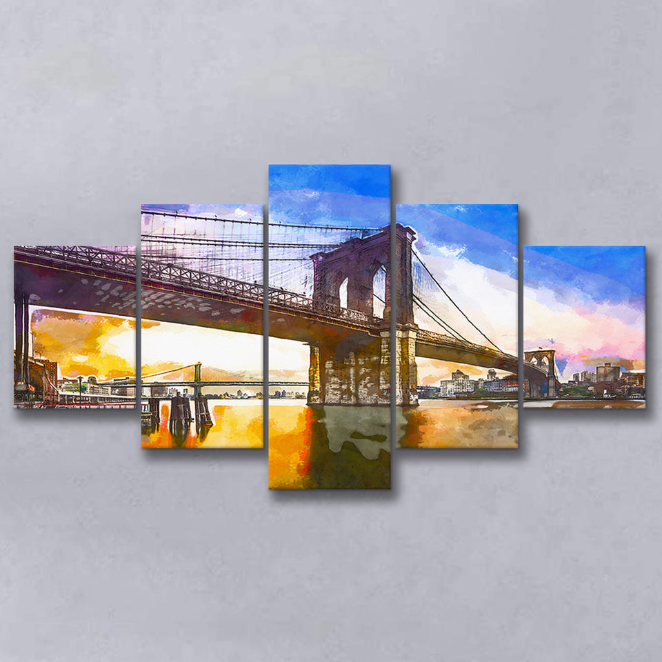 Brooklyn Bridge New York City Dawn 5 Pieces Mixed Canvas Prints Wall Art Home Decor
