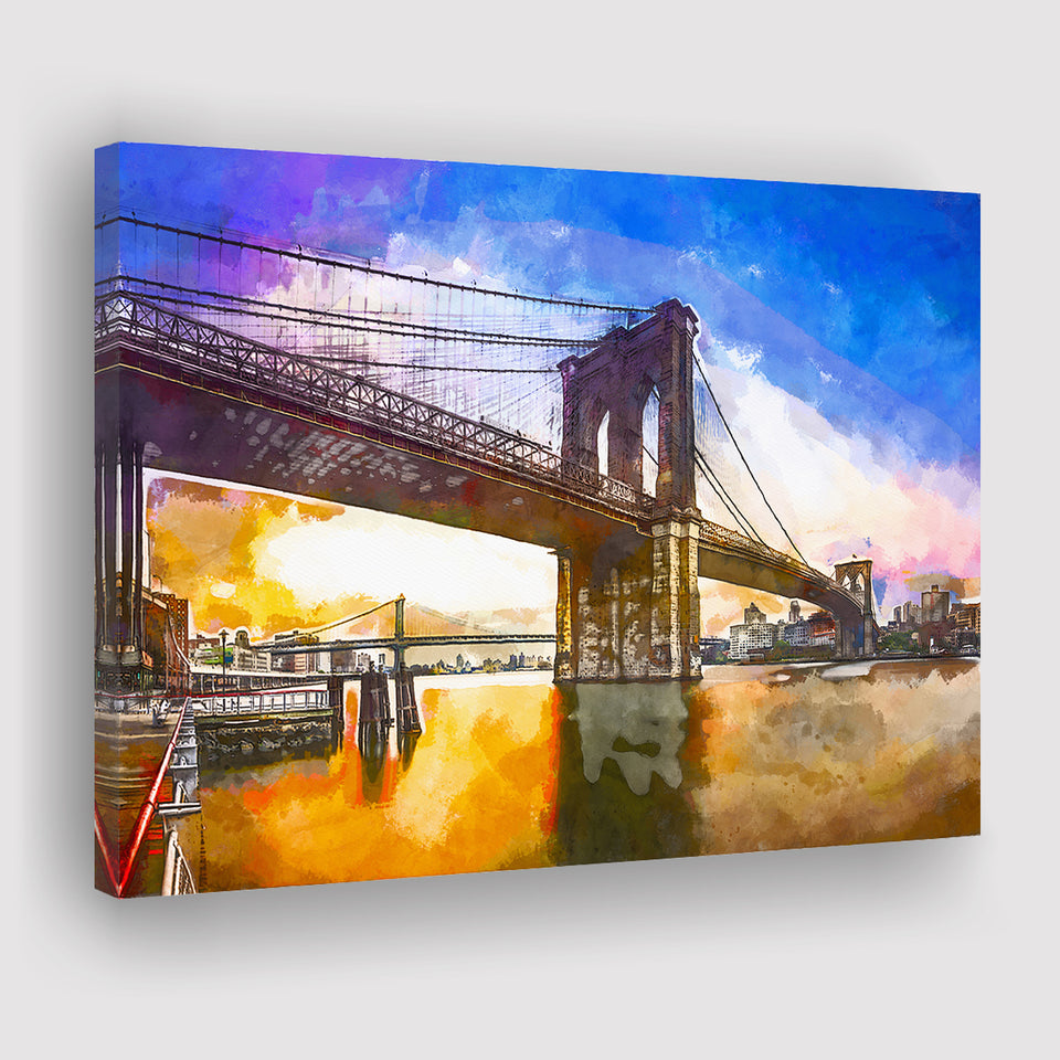 Brooklyn Bridge New York City Dawn City Art Watercolor Canvas Prints Wall Art Home Decor, Large Canvas