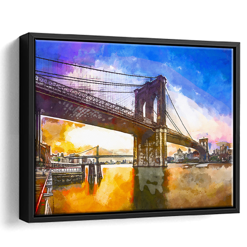 Brooklyn Bridge New York City Dawn City Art Watercolor Framed Canvas Prints Wall Art Home Decor,Floating Frame