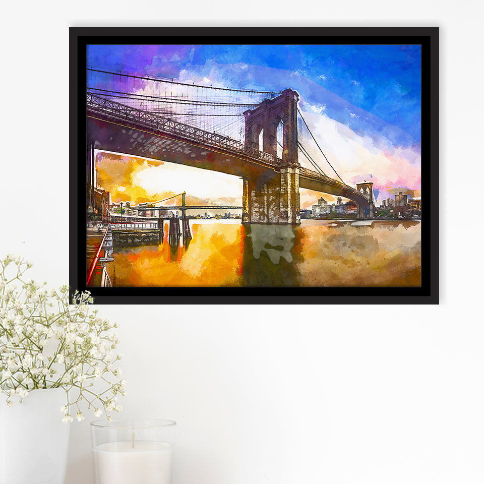 Brooklyn Bridge New York City Dawn City Art Watercolor Framed Canvas Prints Wall Art Home Decor,Floating Frame