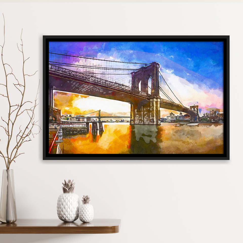Brooklyn Bridge New York City Dawn City Art Watercolor Framed Canvas Prints Wall Art Home Decor,Floating Frame