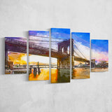 Brooklyn Bridge New York City Dawn 5 Pieces Mixed Canvas Prints Wall Art Home Decor