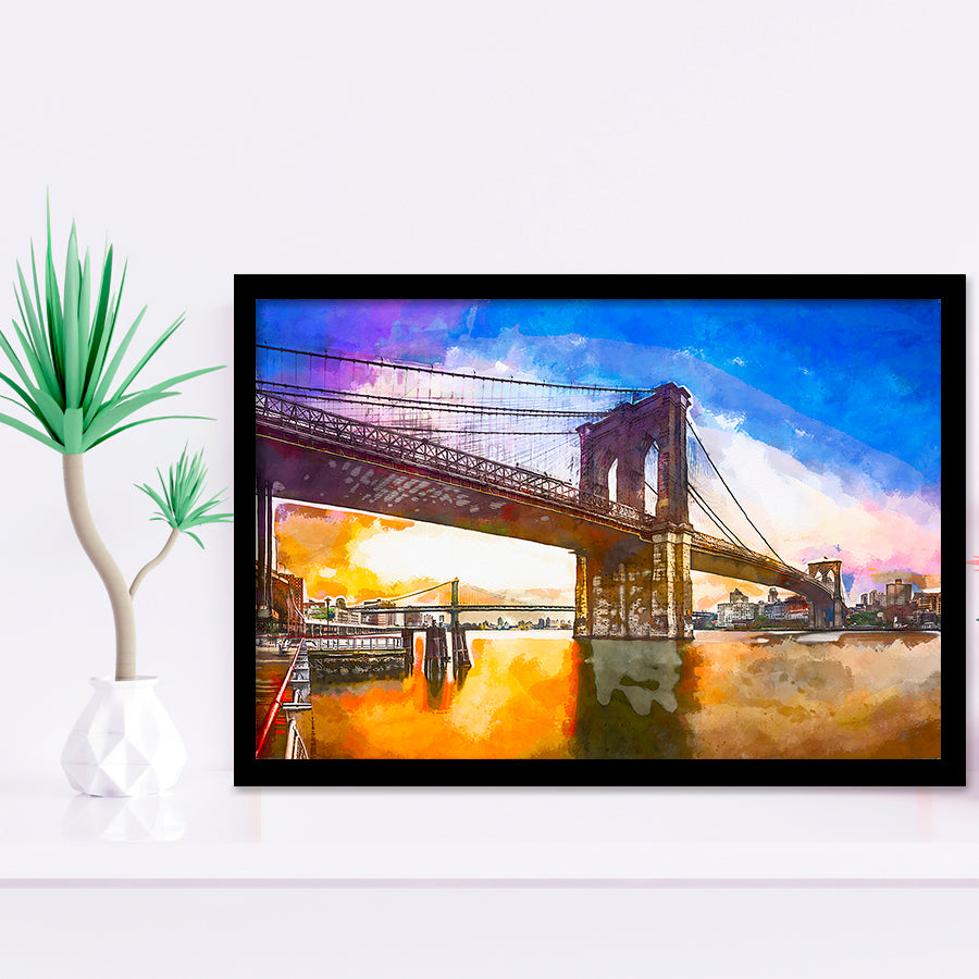 Brooklyn Bridge New York City Dawn City Art Watercolor Framed Art Prints Wall Art Decor,Framed Picture