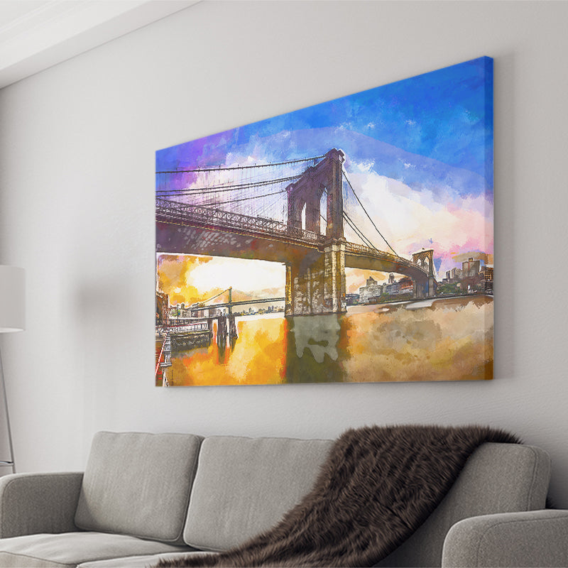 Brooklyn Bridge New York City Dawn City Art Watercolor Canvas Prints Wall Art Home Decor, Large Canvas