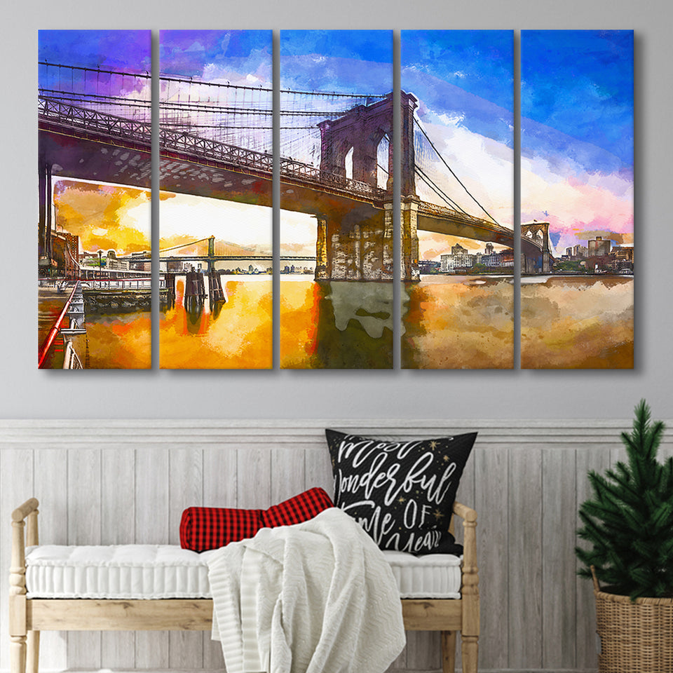 Brooklyn Bridge New York City Dawn 5 Pieces Extra Large Canvas Prints Wall Art Home Decor