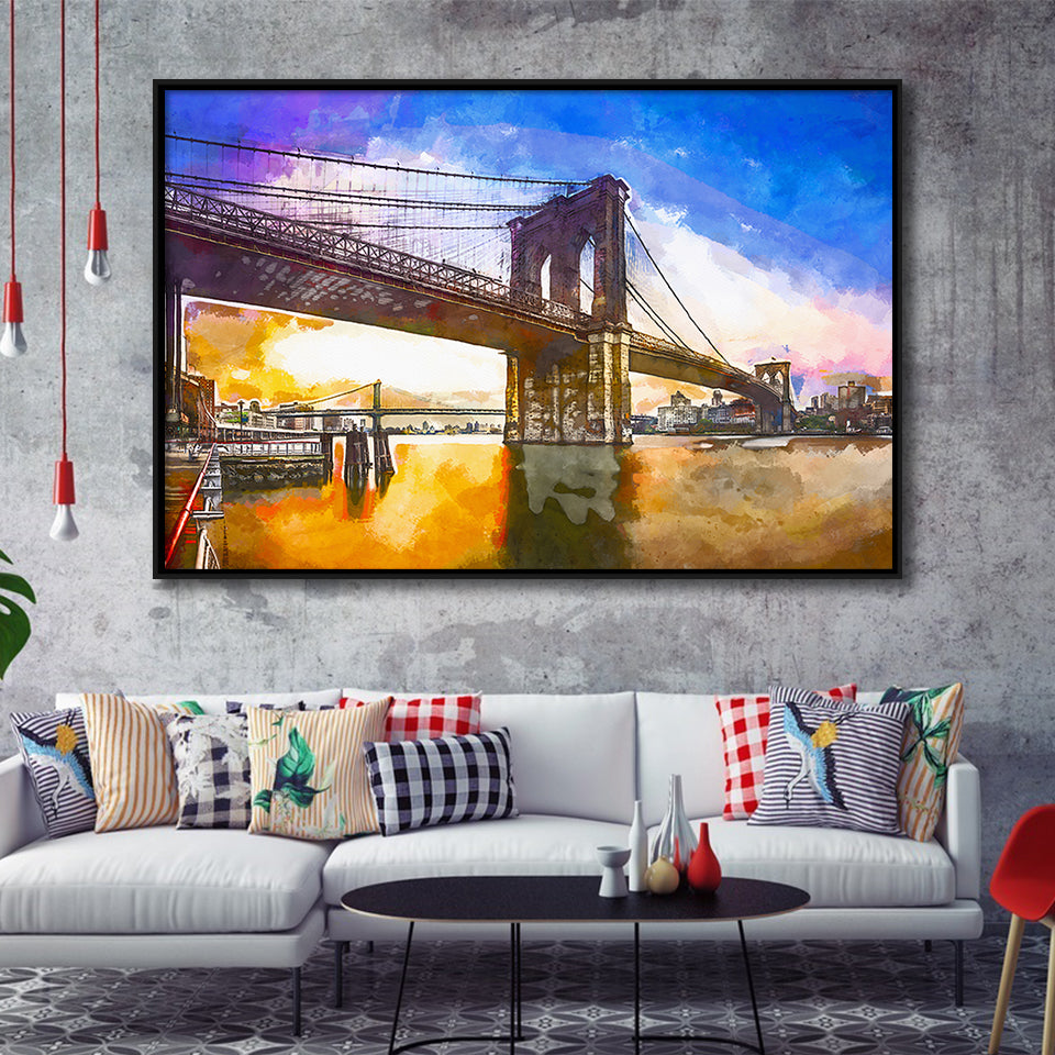 Brooklyn Bridge New York City Dawn City Art Watercolor Framed Canvas Prints Wall Art Home Decor,Floating Frame
