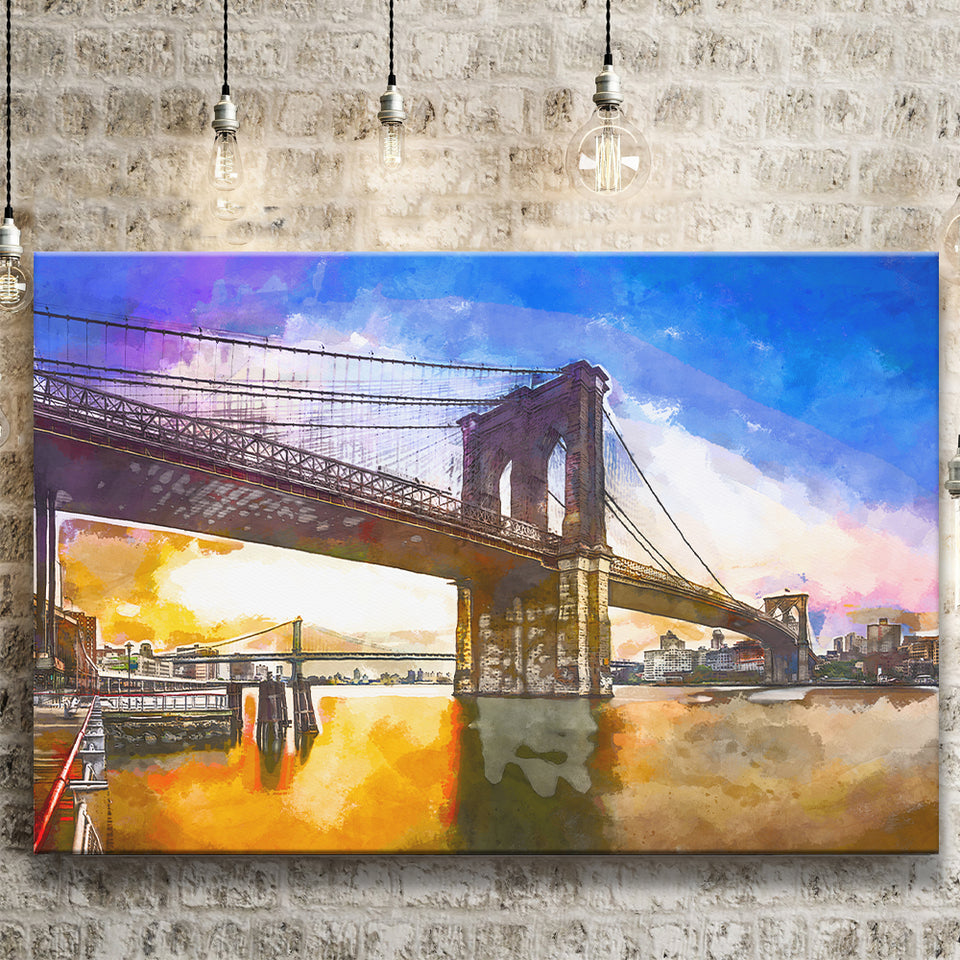 Brooklyn Bridge New York City Dawn City Art Watercolor Canvas Prints Wall Art Home Decor, Large Canvas